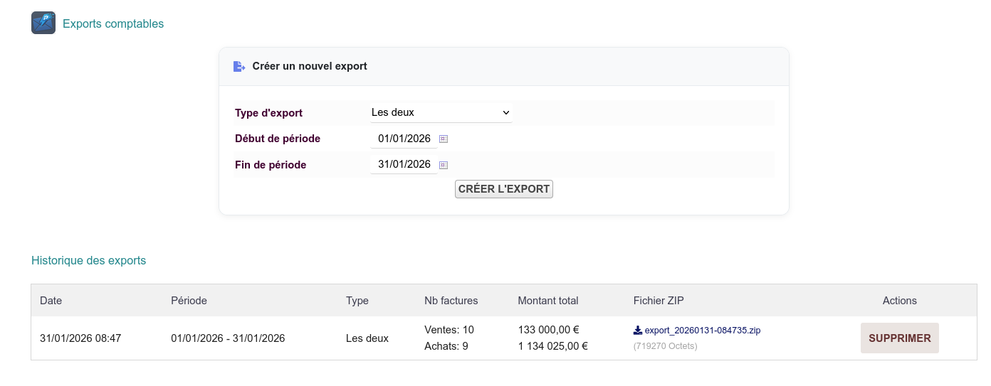 Création d'un export comptable sur une période et historique des exports générés au format ZIP