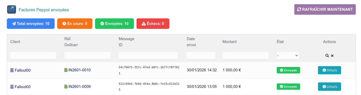 Liste des factures Peppol envoyées avec message ID, date d'envoi, montant et état de livraison