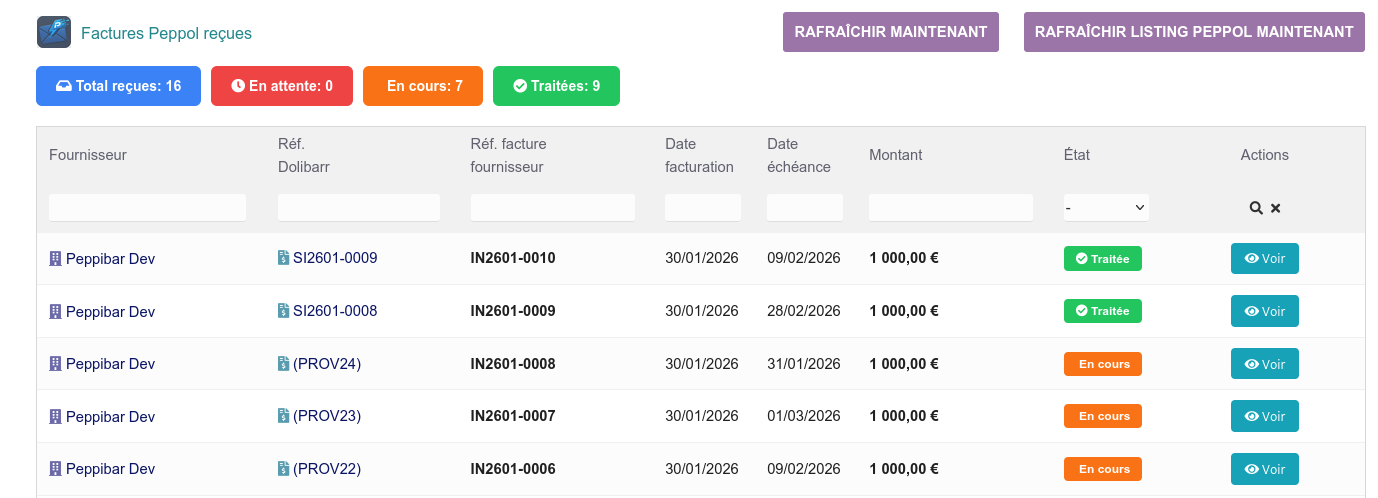 Liste des factures Peppol reçues avec fournisseur, références, dates, montant et état de traitement